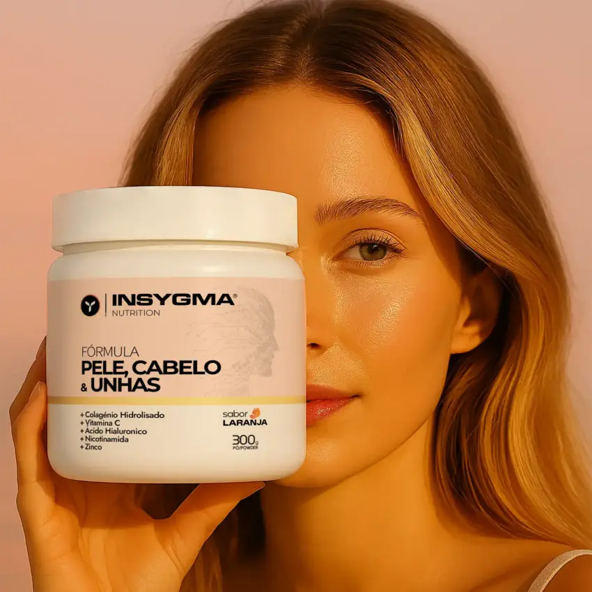 Suplemento pele, cabelo, unhas, sabor laranja.