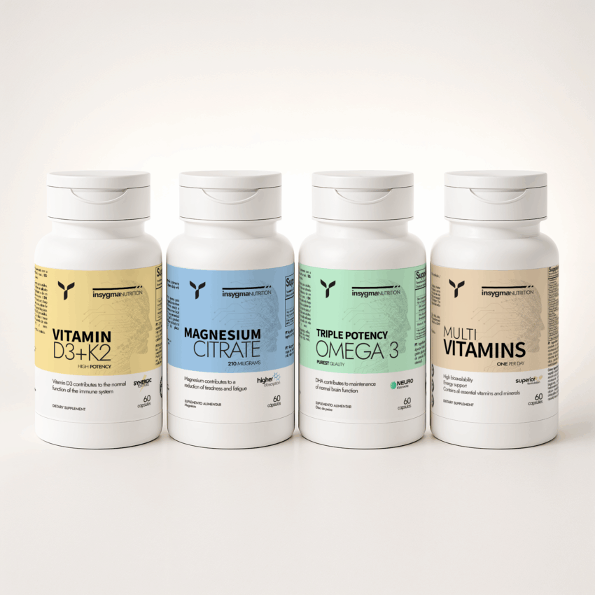 Frascos de suplementos nutricionais alinhados em fundo branco.